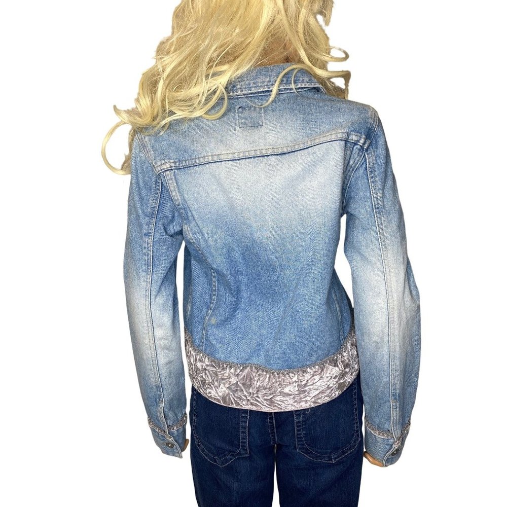 Vintage 90s DKNY Denim Jeans Jacket w/ Silver Pink Velvet Trim Medium - Picture 6 of 16